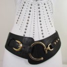NEW WOMEN HIP BLACK WAIST FASHION BELT BIG GOLD METAL MOON CLASP BUCKLE XS-S-M