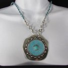 New Women 22" Long Blue White Braided Fashion Necklace Big Blue Pendant Earrings