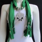 WOMEN GREEN SOFT FABRIC FASHION SCARF NECKLACE SILVER FLOWERS BUTTERFLY PENDANT