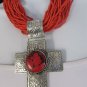 New Women 16" Red Beads Strand Necklace Big Metal Cross Pendant + Earrings