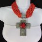 New Women 16" Red Beads Strand Necklace Big Metal Cross Pendant + Earrings