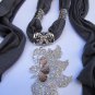 WOMEN GRAY SOFT FABRIC FASHION SCARF LONG NECKLACE BIG SILVER BUTTERFLY PENDANT
