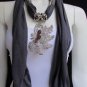WOMEN GRAY SOFT FABRIC FASHION SCARF LONG NECKLACE BIG SILVER BUTTERFLY PENDANT
