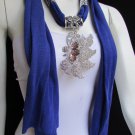 WOMEN BLUE SOFT FABRIC FASHION SCARF LONG NECKLACE BIG SILVER BUTTERFLY PENDANT