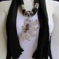 WOMEN BLACK SOFT FABRIC FASHION SCARF LONG NECKLACE BIG SILVER BUTTERFLY PENDANT