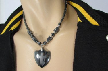 New Men Short Pewter Stones Beads Fashion Necklace Big Cross Shield Big Pendant