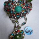 NEW WOMEN SILVER CUFF AQUA FLOWER BRACELET SLAVE GREEN RING COLORFUL RHINESTONES