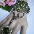 NEW WOMEN SILVER METAL CUFF BIG FLOWER BRACELET SLAVE RING GREEN RHINESTONES