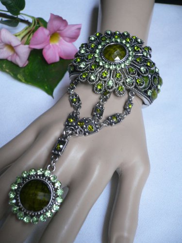 NEW WOMEN SILVER METAL CUFF BIG FLOWER BRACELET SLAVE RING GREEN RHINESTONES