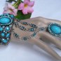 NEW WOMEN SILVER METAL CUFF SLAVE BRACELET RING BEADS B. BLUE FLOWER RHINESTONES