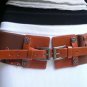 NEW WOMEN WIDE BROWN FAUX LEATHER BELT STARS FLOWER 2 BUCKLES 29"-38" S M L XL