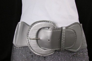 NEW WOMEN LOW HIP ELASTIC HIGH WAIST METALLIC SILVER FASHION BELT M L XL 30"-45"