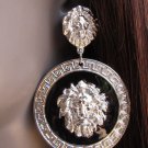 NEW WOMEN ROUND SILVER BLACK METAL LION HEAD FACE HOOK FASHION EARRING SET MIAMI