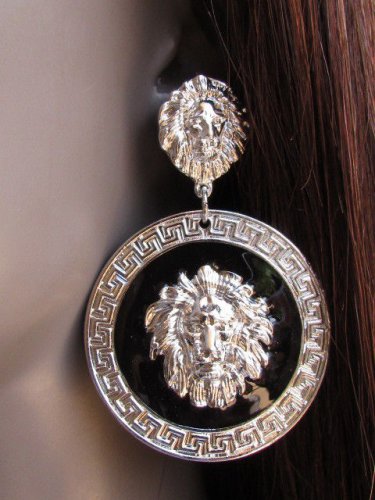NEW WOMEN ROUND SILVER BLACK METAL LION HEAD FACE HOOK FASHION EARRING SET MIAMI