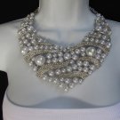WOMEN SILVER METAL FASHION BIG IMITATION BEADS NECKLACE RHINESTONES +EARRINGS