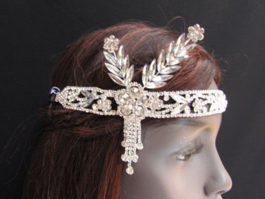 NEW WOMEN SILVER METAL HEAD CHAIN FASHION JEWELRY SIDE FLOWER LEAVES MULTI BEADS