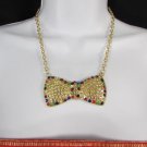 New Women Big Bow Fashion Necklace Gold Metal Chains Blue Multicolor Rhinestones