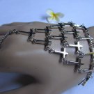 NEW WOMEN SILVER MULTI MINI CROSS WIDE HAND CHAIN SLAVE BRACELET RING CONNECTED