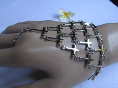 NEW WOMEN SILVER MULTI MINI CROSS WIDE HAND CHAIN SLAVE BRACELET RING CONNECTED