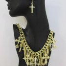New Women Multi Strands Chains Crosses Fashion Necklace Rhinestones + Earrings