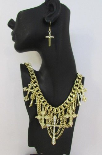 New Women Multi Strands Chains Crosses Fashion Necklace Rhinestones + Earrings