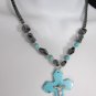 New Women Pewter Turquoise Stones Beads Fashion Necklace Big Blue Cross Pendant