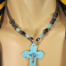 New Men Pewter Turquoise Stones Beads Fashion Necklace Big Cross Pendant