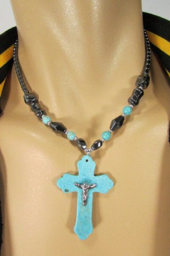 New Men Pewter Turquoise Stones Beads Fashion Necklace Big Cross Pendant