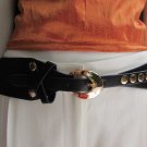 WOMEN WAIST HIP BLACK ELASTIC FASHION BELT GOLD STUDS OVAL BUCKLE 27"-36" S M