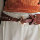 WOMEN WAIST HIP BROWN ELASTIC FASHION BELT GOLD STUDS OVAL BUCKLE 27"-36" S M