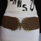 NEW WOMEN ELASTIC HIP WAIST GOLD ZIPPER BUCKLE BROWN FASHION BELT 27"-37" S / M