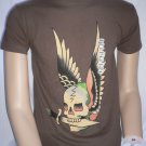 NEW ED HARDY MEN BROWN T-SHIRT DESTINY FLYING SKULL WINGS S/S CREWNECK TEE SMALL