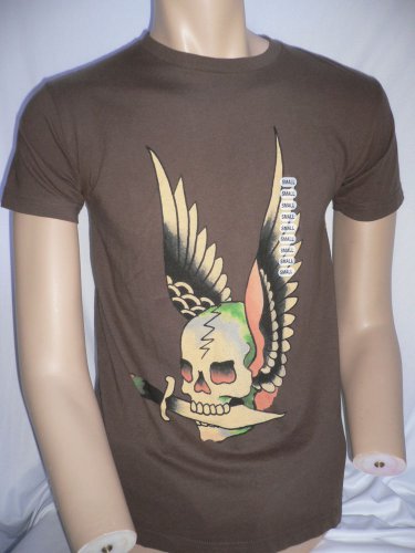 NEW ED HARDY MEN BROWN T-SHIRT DESTINY FLYING SKULL WINGS S/S CREWNECK TEE SMALL