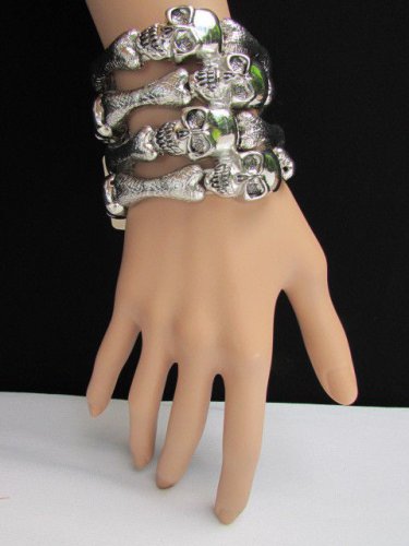 NEW WOMEN SILVER HAND BONES SKELETON WIDE MULTI SKULLS FASHION ELASTIC BRACELET