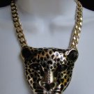 WOMEN GOLD METAL CHAINS FASHION NECKLACE 3" BIG BLACK CHEETAH TIGER HEAD PENDANT