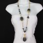 New Women 18" Long Gold Chains Fashion Necklace Black Flower Egg Beads +Earrings