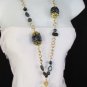 New Women 18" Long Gold Chains Fashion Necklace Black Flower Egg Beads +Earrings