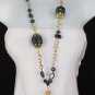 New Women 18" Long Gold Chains Fashion Necklace Black Flower Egg Beads +Earrings
