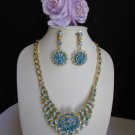 NEW WOMEN BIG GOLD FLOWER STATEMENT JEWELRY BLUE RHINESTONES NECKLACE +EARRINGS