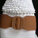 NEW WOMEN ELASTIC HIGH WAIST HIP WIDE FAUX LEATHER MOCA BROWN BELT 26"-34" XS-M