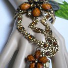 NEW WOMEN GOLD CUFF SLAVE BRACELET RING CONNECT BROWN ORANGE FLOWER RHINESTONES