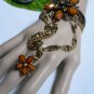 NEW WOMEN GOLD CUFF SLAVE BRACELET RING CONNECT BROWN ORANGE FLOWER RHINESTONES