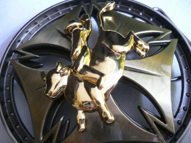 NEW MAN COWBOY WESTERN BELT SPIN BUCKLE RODEO BIG GOLD BULL ROUND BIG CROSS