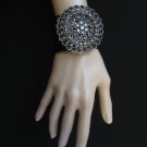 NEW WOMEN DARK SILVER BIG FLOWER FASHION BLACK FAUX LEATHER BRACELET RHINESTONES