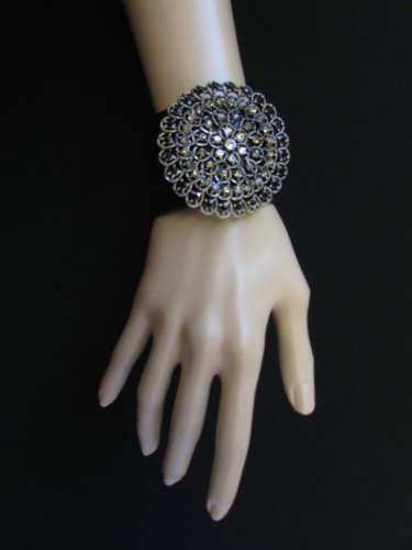 NEW WOMEN DARK SILVER BIG FLOWER FASHION BLACK FAUX LEATHER BRACELET RHINESTONES