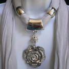NEW WOMEN GRAY SOFT FASHION SCARF NECKLACE SILVER RHINESTONES BIG FLOWER PENDANT