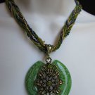 NEW WOMEN STRANDS FASHION NECKLACE GREEN GLASS FLOWER PENDANT RHINESTONES 10"
