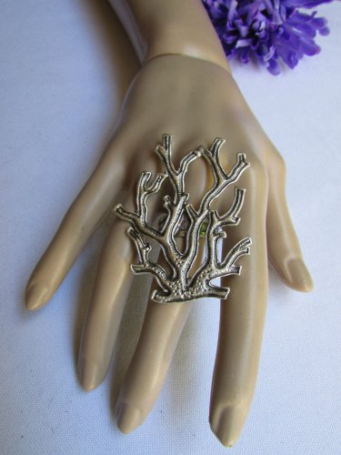 NEW WOMEN SILVER METAL BRANCHES UNDER WATER FLOWER FASHION RING ADJUSTABLE 2/2.5