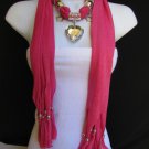 NEW WOMEN PINK SOFT FABRIC SCARF NECKLACE SILVER BIG HEART CRYSTAL STARS PENDANT