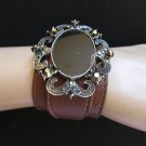 NEW WOMEN SILVER FASHION BROWN FAUX LEATHER BRACELET BIG CENTER BEAD RHINESTONES